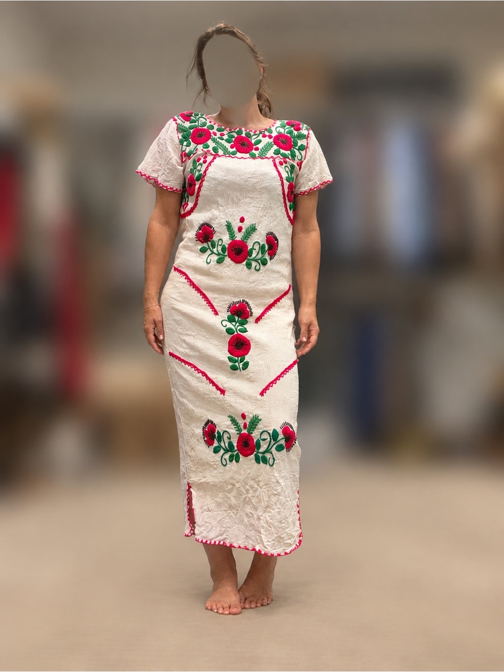 Vintage Hand-Embroidered Floral Cotton Maxi Dress